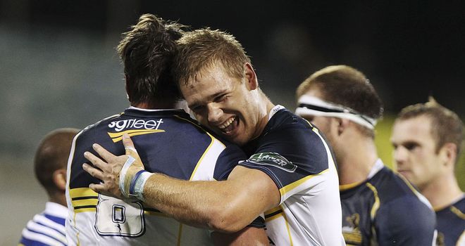 Jack Whetton of the Brumbies celebrates with team mate Ben Mowen