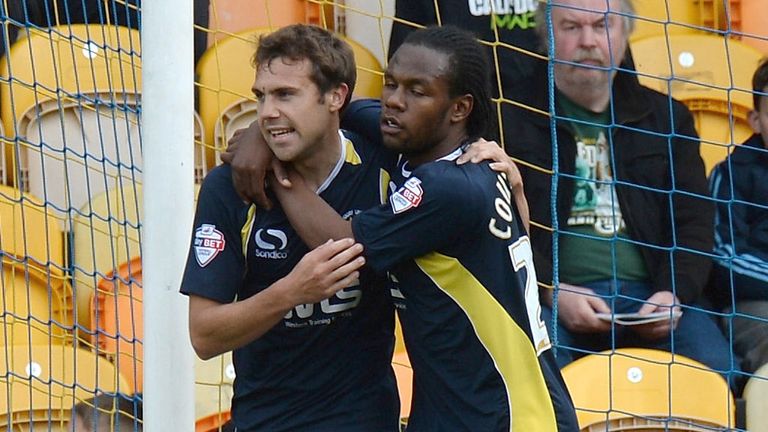 Ashley Yeoman (L) celebrates goal against Mansfield