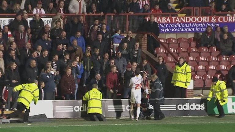 Paul Connolly: The Crawley defender appeared to clash with a Brentford fan in the Braemar Road stand.