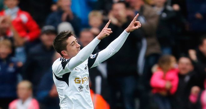 Pablo Hernandez: Celebrates scoring in Swansea's 4-1 win over Aston Villa