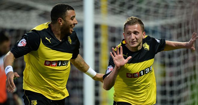Almen Abdi (r): Celebrates the opener with fellow scorer Troy Deeney