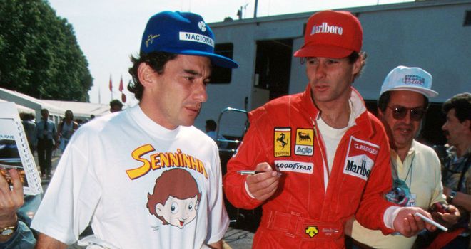 Senna with then Ferrari driver Gerhard Berger at Imola