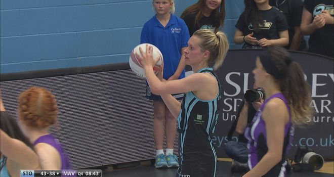 Tamsin Greenway, Surrey Storm player/coach, in action as her side beat Hertfordshire Mavericks 52-42 to reach the ZEO Netball Superleague final