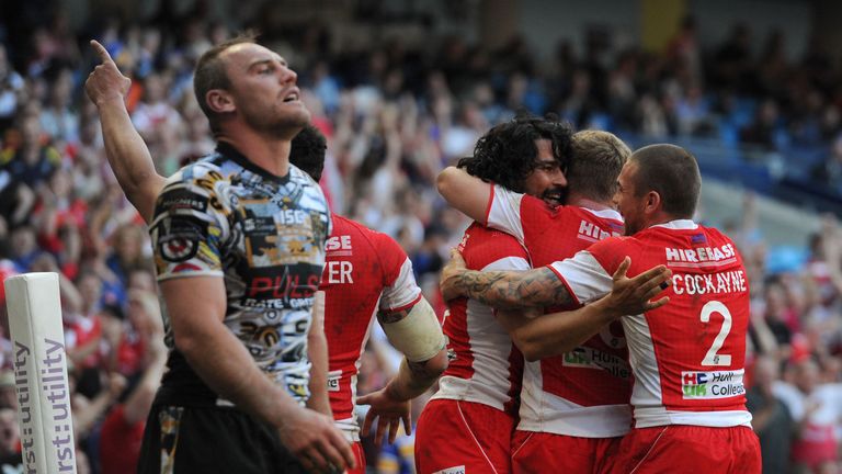 Hull KR's Ade Gardner celebrates after scoring a try in the win over Hull FC