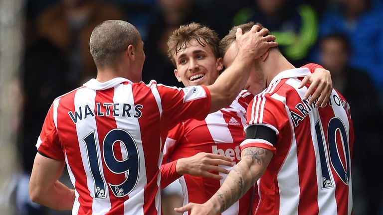 Marko Arnautovic: Celebrates with his Stoke team-mates after the opening goal