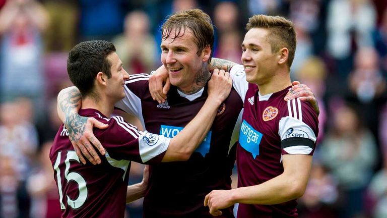 Ryan Stevenson: Celebrates his second goal in Hearts romp against Kilmarnock