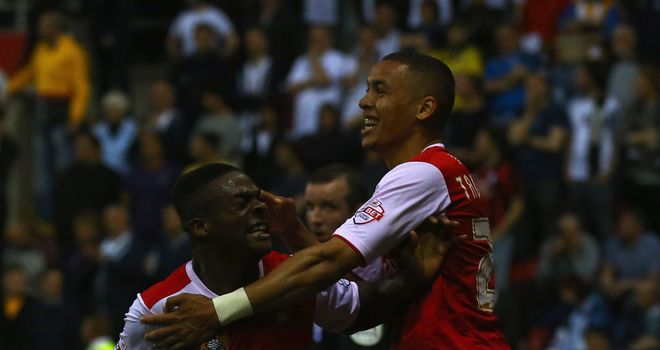 Kieran Agard (l): Celebrates his 26th goal of the season
