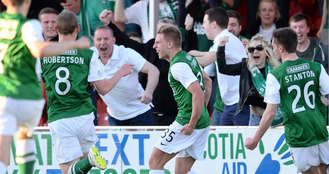 Jason Cummings (c) celebrates the first of his two goals