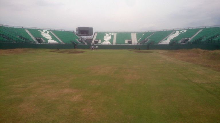 The horseshoe grandstand at the 18th hole at Royal Liverpool provides a stunning finish
