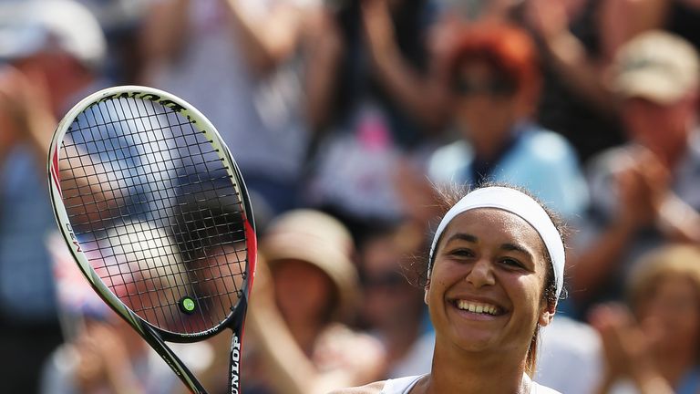 Heather Watson celebrates her first round win at Wimbledon