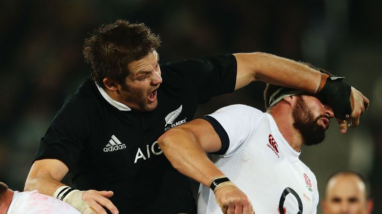 Richie McCaw tangles with Tom Wood in the second Test