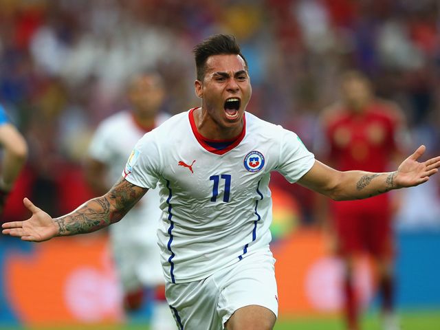 Eduardo Vargas celebrates scoring Chile's first goal 