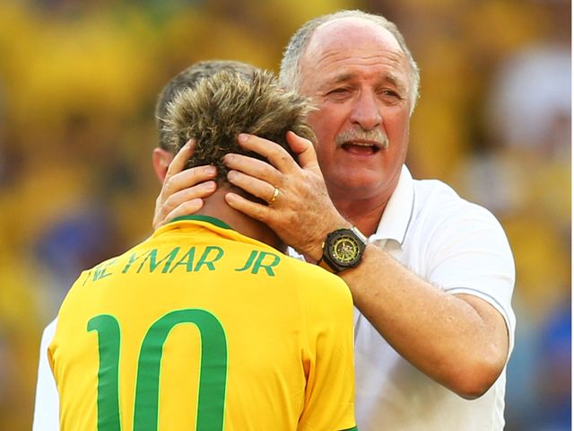 Head coach Luiz Felipe Scolari celebrates with Neymar