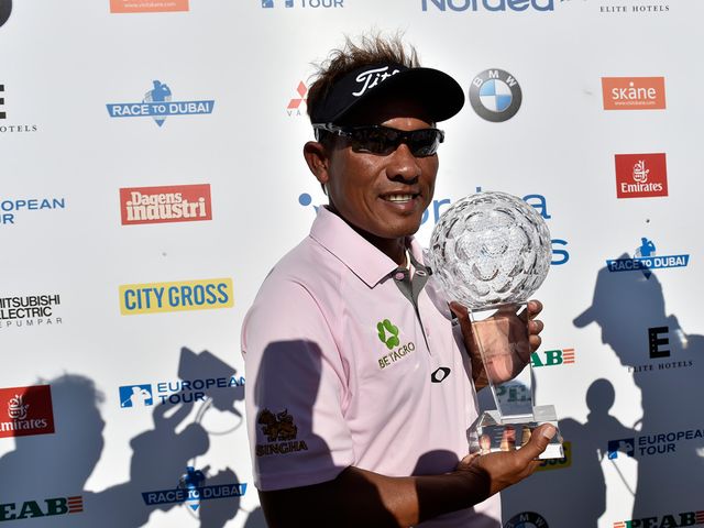 Thongchai Jaidee celebrates after winning the play-off at the Nordea Masters
