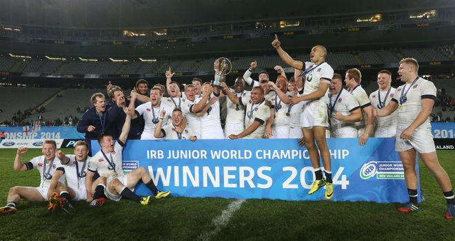 The England team celebrate winning the IRB Junior World Championship