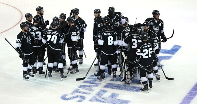 Los Angeles Kings celebrate their overtime win against the New York Rangers
