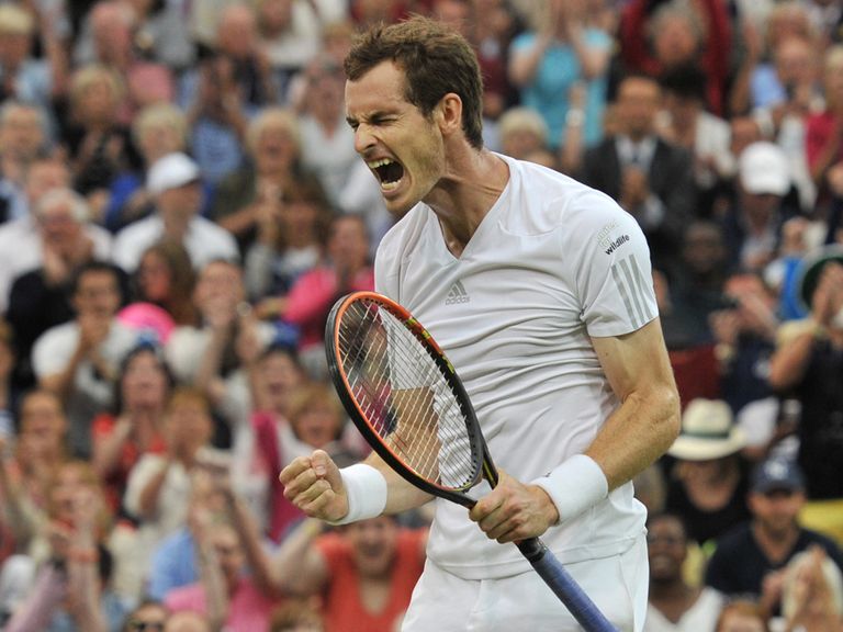 Andy Murray celebrates victory over Kevin Anderson in the fourth round of Wimbledon