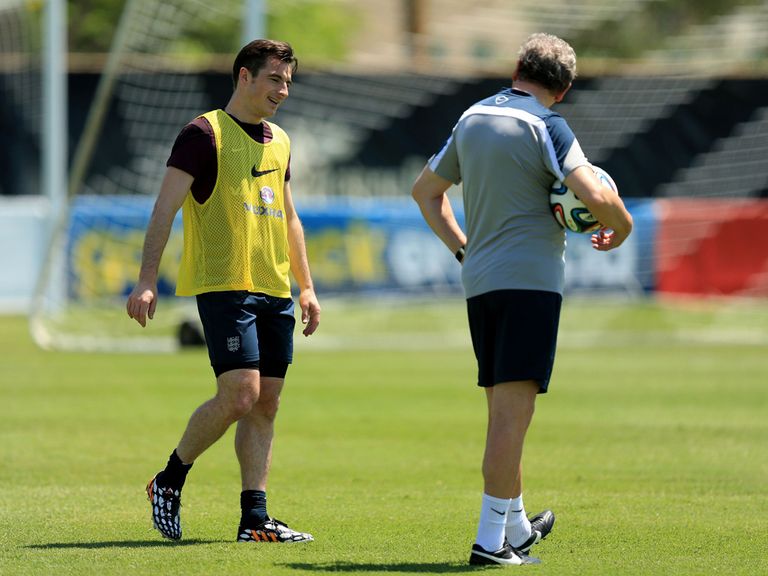 Leighton Baines and Roy Hodgson during England training