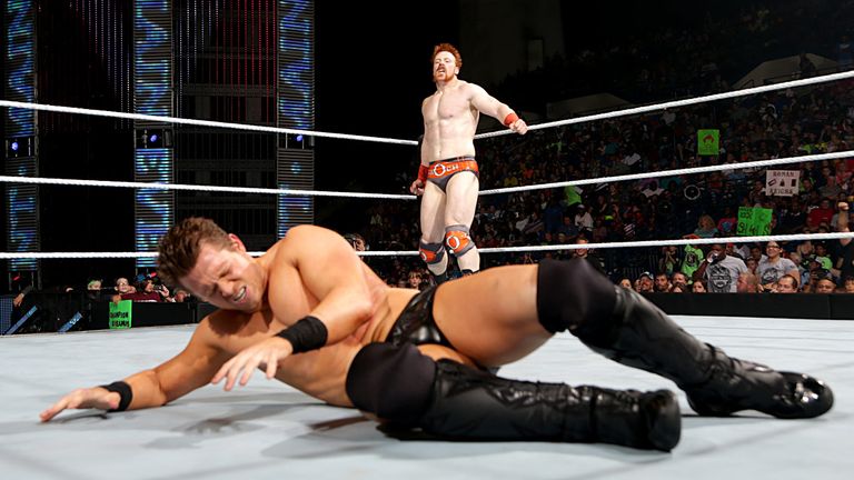 Sheamus tees The Miz up for the Brogue Kick, to no avail...