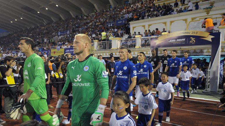 Leicester City and Everton emerge at the Suphachalasai Stadium in Bangkok