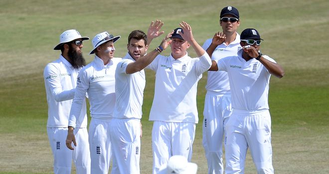England's James Anderson celebrates with his tream mates during day five of the Third Test