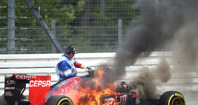 Daniil Kvyat's car bursts into flames