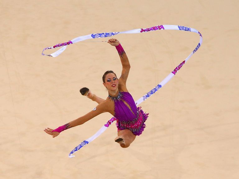 Francesca Jones competes in the Gymnastics Rhythmic Individual Ribbon Final