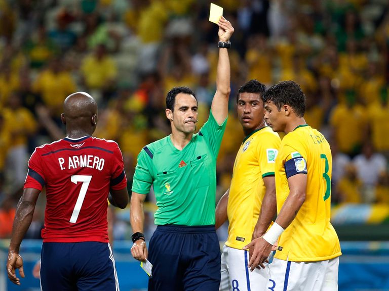Thiago Silva picks up his yellow card against Colombia