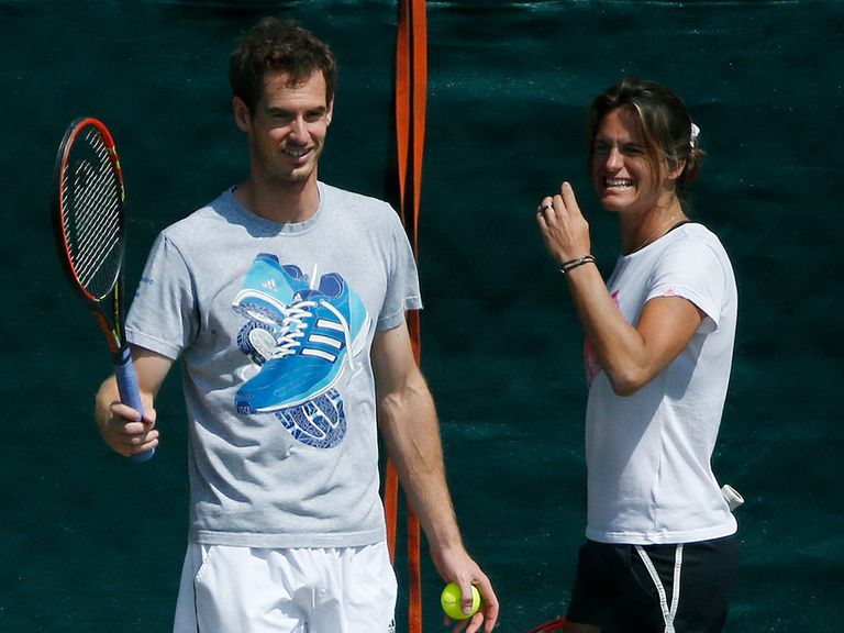 Andy Murray during a practice session with his coach Amelie Mauresmo