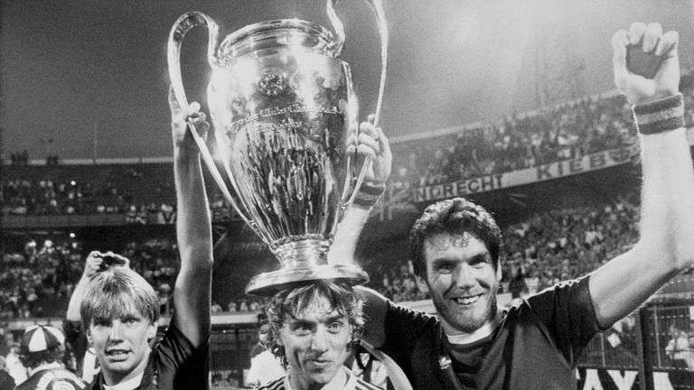 Gary Shaw, Tony Morley and Peter Withe proudly show off the European Cup to fans in 1982
