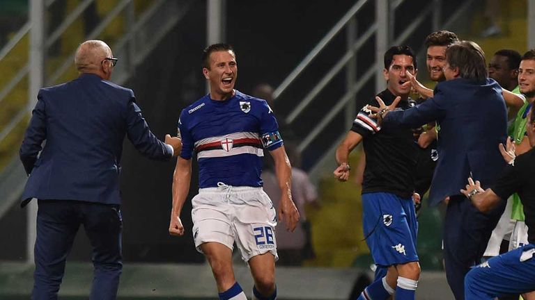 Daniele Gastakdelo of Sampdoria celebrates after scoring the equalizing goal