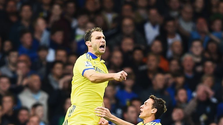 Branislav Ivanovic of Chelsea celebrates scoring his team's second goal with Nemanja Matic