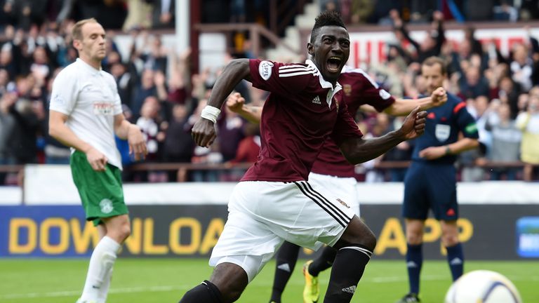 Prince Buaben: Celebrates scoring what proved to be Hearts' winner at Tynecastle