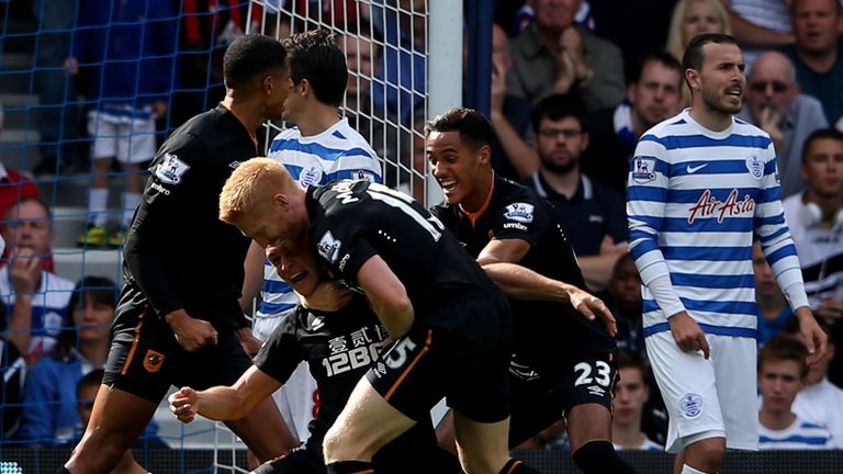 James Chester of Hull City is congratulated by teammates after scoring the winner
