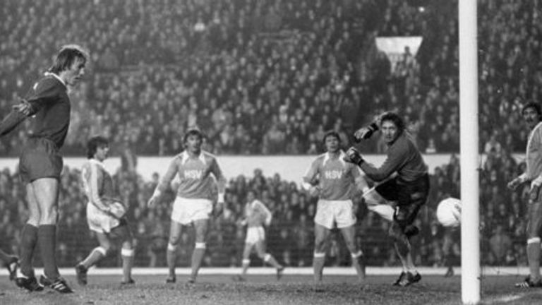 Phil Thompson (not pictured) scores for Liverpool against Hamburg as Kenny Dalglish looks on
