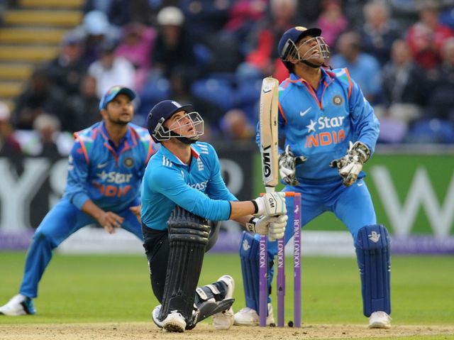 England's Alex Hales skies a delivery from India's Ravindra Jadeja and is caught