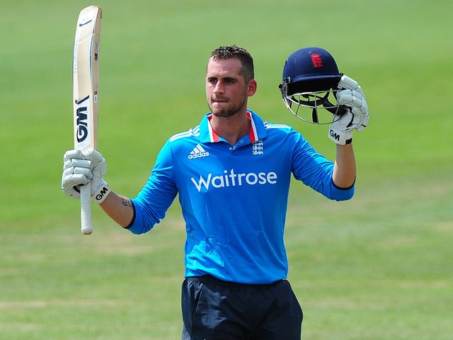 Alex Hales of England Lions celebrates after reaching his century