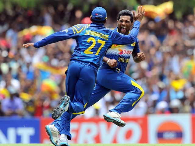 Seekkuge Prasanna celebrates after dismissing Shahid Afridi