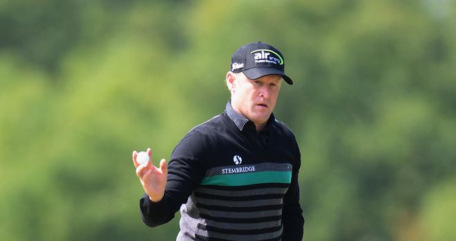 Jamie Donaldson of Wales celebrates making a birdie on the 3rd green