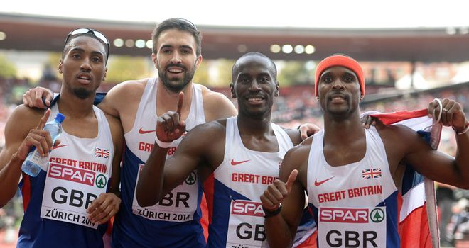Great Britain's men's 4x400m relay quartet celebrate gold at the European Championships