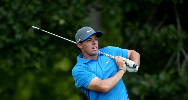 Rory McIlroy hits his tee shot on the 11th hole during the third round of the 96th PGA Championship