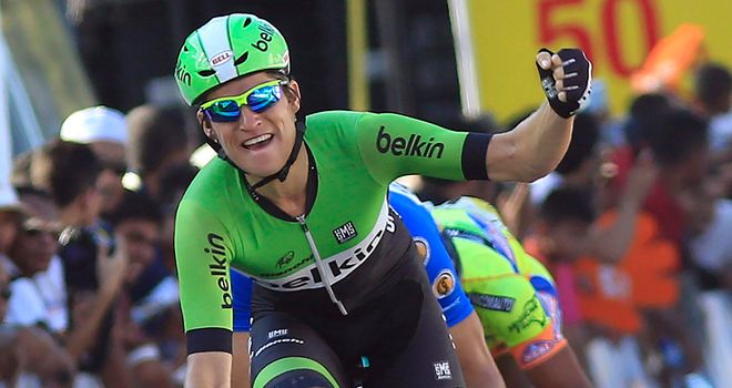 Theo Bos celebrates his victory in Poland