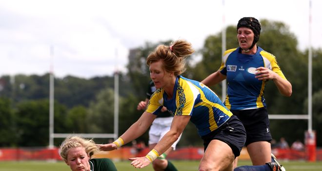 Vikki McGinn touches down for Ireland during the IRB Women's Rugby World Cup Pool B match between Ireland and Kazakhstan