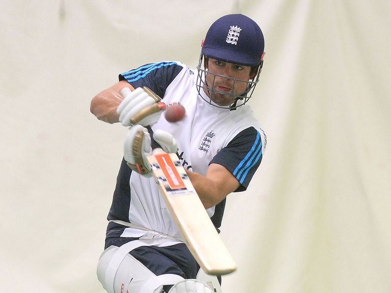 England's Alastair Cook plays a shot in the indoor nets
