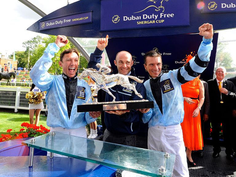 Frankie Dettori of Italy, Olivier Peslier of France and Adrie De Vries of the Netherlands win The Shergar Cup for team Europe