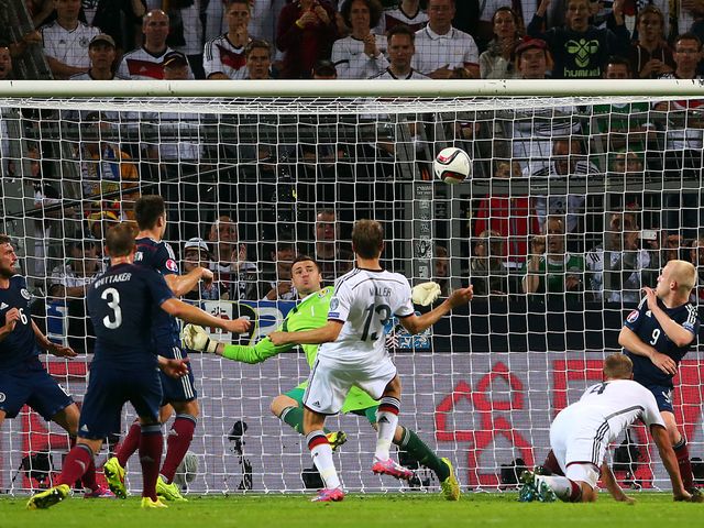 Thomas Muller scores his and Germany's second against Scotland