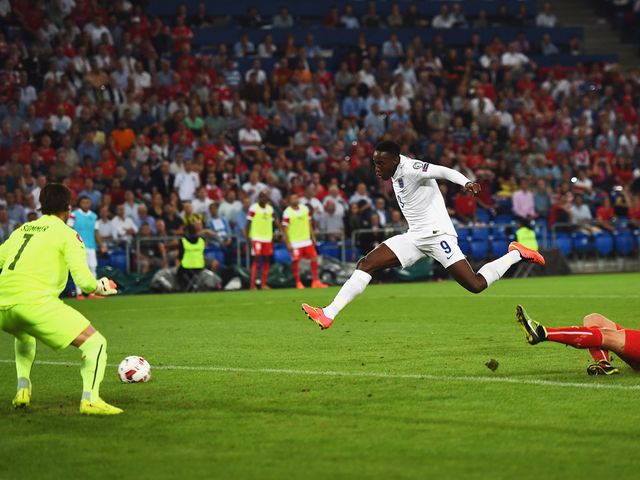 Danny Welbeck scores the opening goal for England against Switzerland