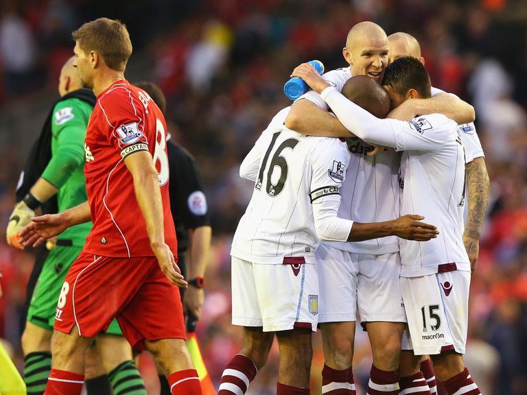 Aston Villa celebrate the 1-0 victory over Liverpool