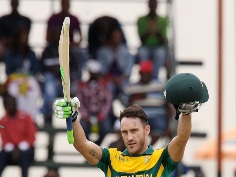South Africa's batsman Faf du Plessis celebrates his third ODI century