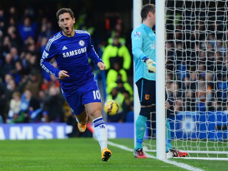 Eden Hazard celebrates after opening the scoring at Stamford Bridge